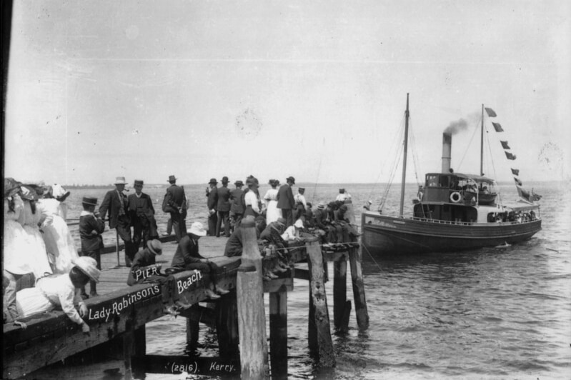 An old black and white photo of a Botany Bay pleasure steamer.