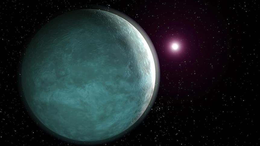 A large blue planet with a shine around it in pitch black space  with a distant purple star