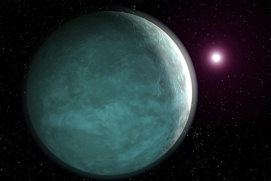 A large blue planet with a shine around it in pitch black space  with a distant purple star