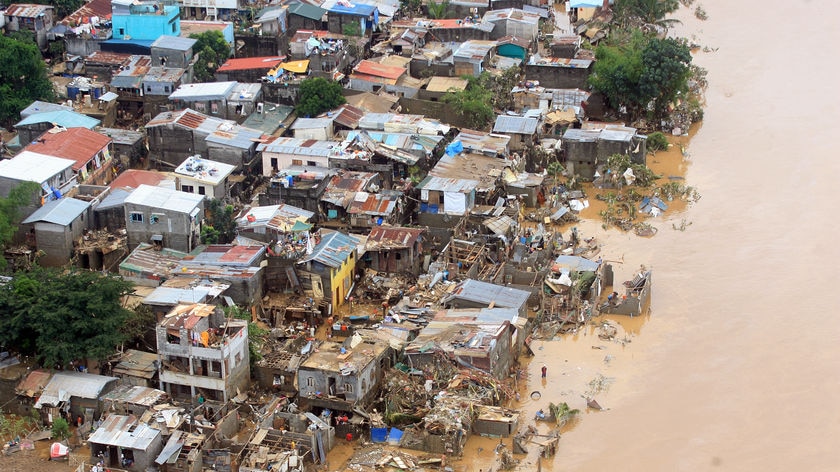 Houses destroyed by flooding in the Philippines