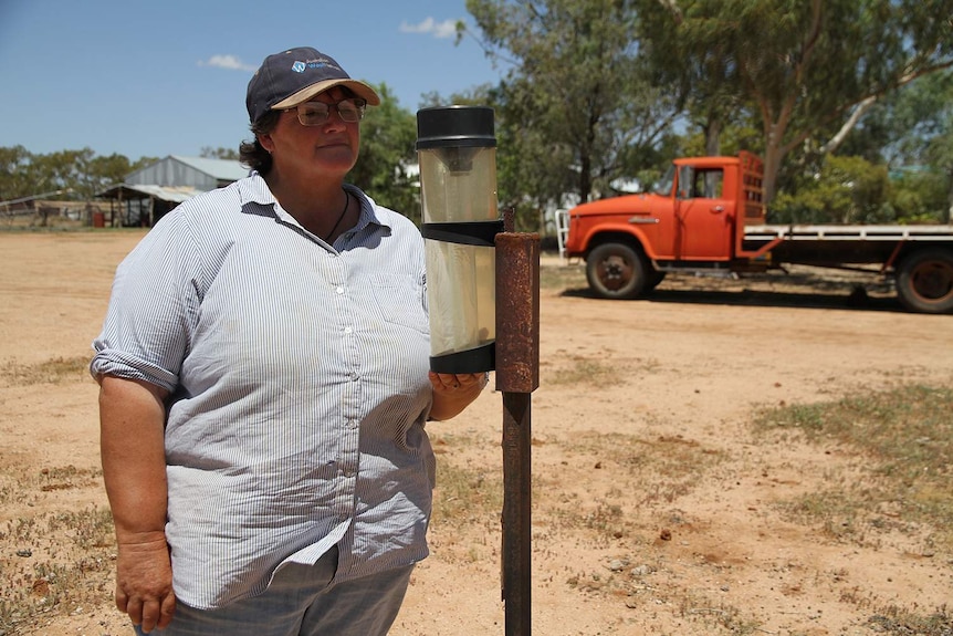 Jenny Gordon checks the rain gauge on El Kantara Station with a red truck in the background