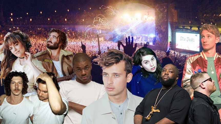 A collage of the Falls Festival 2017 line-up featuring Angus & Julia Stone, Peking Duk, Vince Staples, Flume, Alex Lahey, more