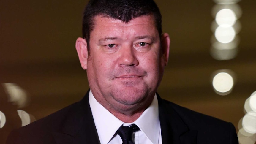 James Packer with lips presses together at Crown Casino in Melbourne