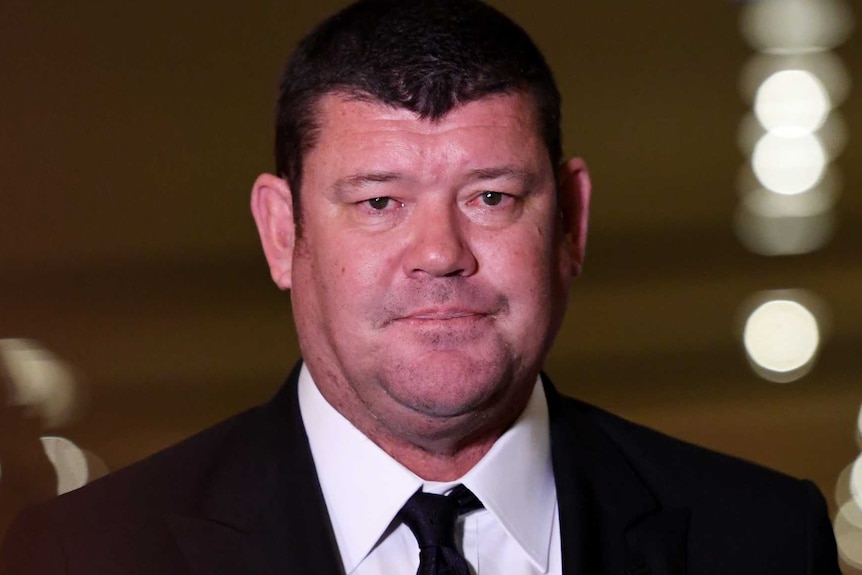 James Packer with lips pressed together at Crown Casino in Melbourne