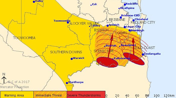 A map of South-East Queensland showing thunderstorms moving northeast towards Brisbane.