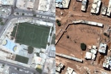 A composite of two satellite images before and after flooding in Derna