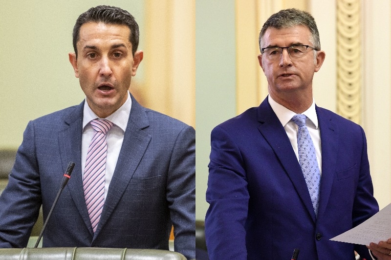 Composite of LNP MPs David Crisafulli and Tim Mander speaking in Queensland Parliament