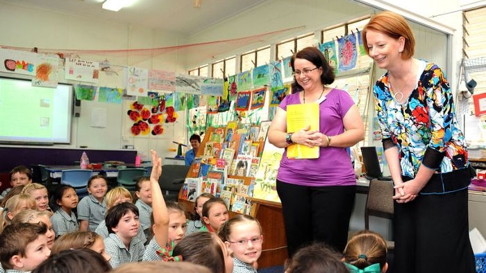 School children in classroom with Julia Gillard