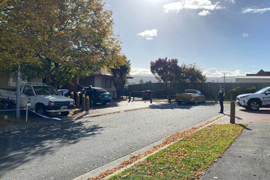 Police at a crime scene in Invermay, Launceston after a man was shot