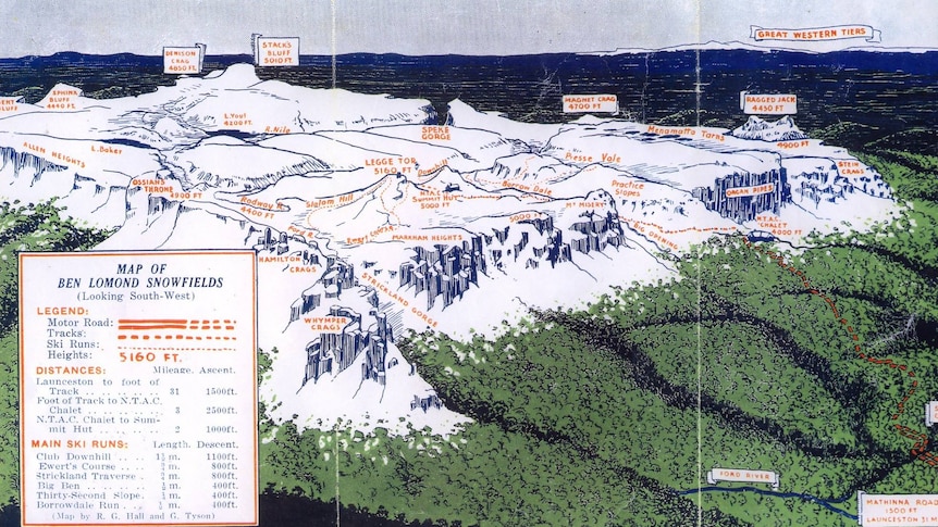 a historic map of the Ben Lomond snow field, showing peaks and heights
