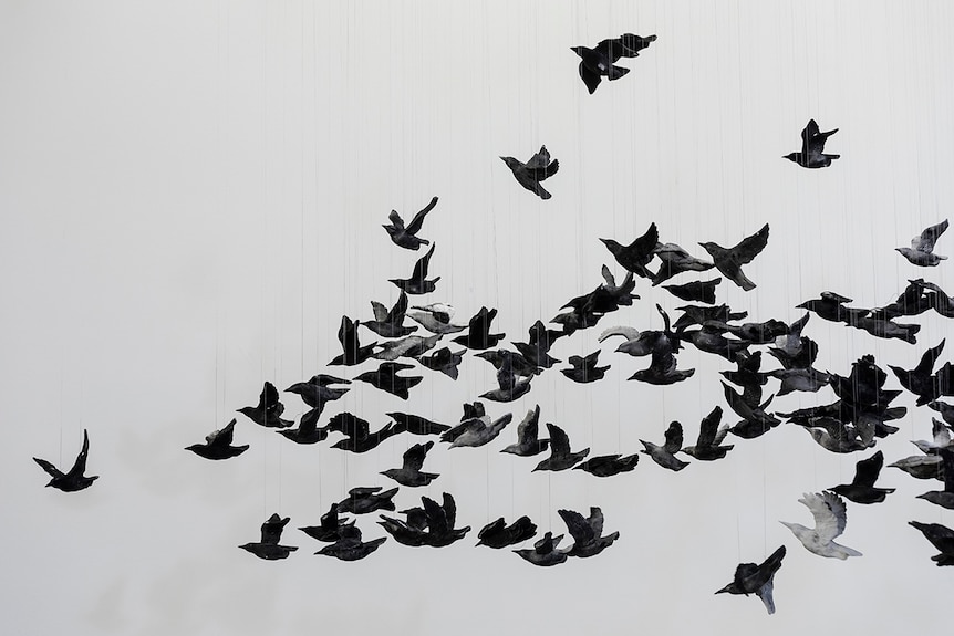 Close-up photograph of porcelain birds from installation artwork Murmuration by Cai Guo-Qiang at National Gallery of Victoria.