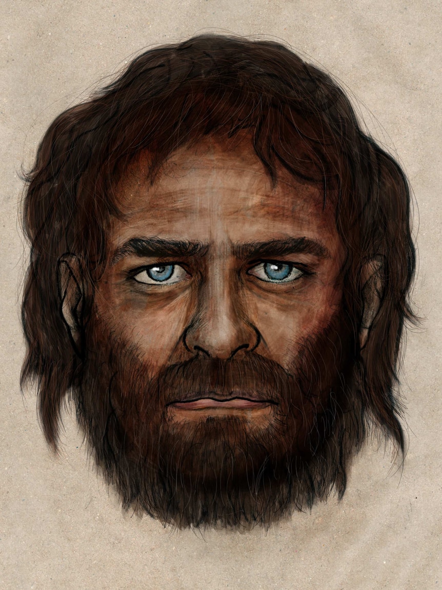 Artist's impression of Stone Age European with dark skin and blue eyes