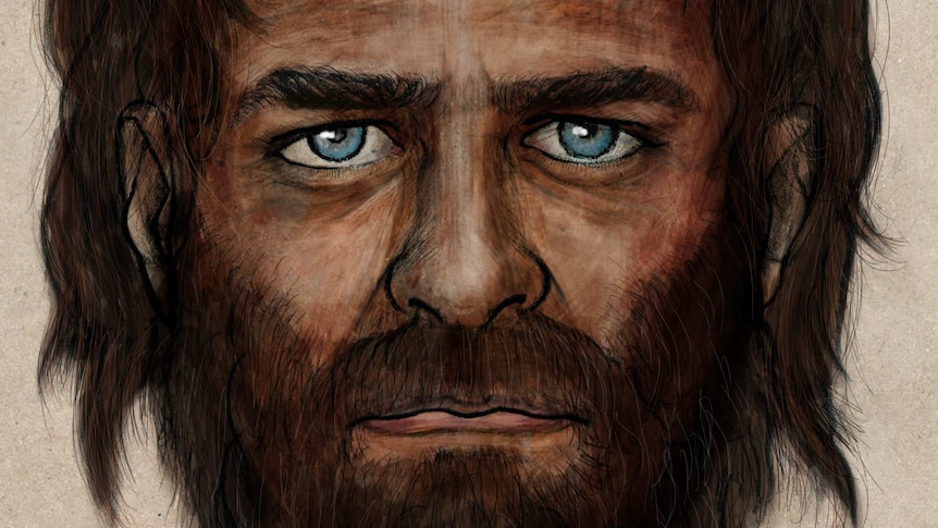 Artist's impression of Stone Age European with dark skin and blue eyes