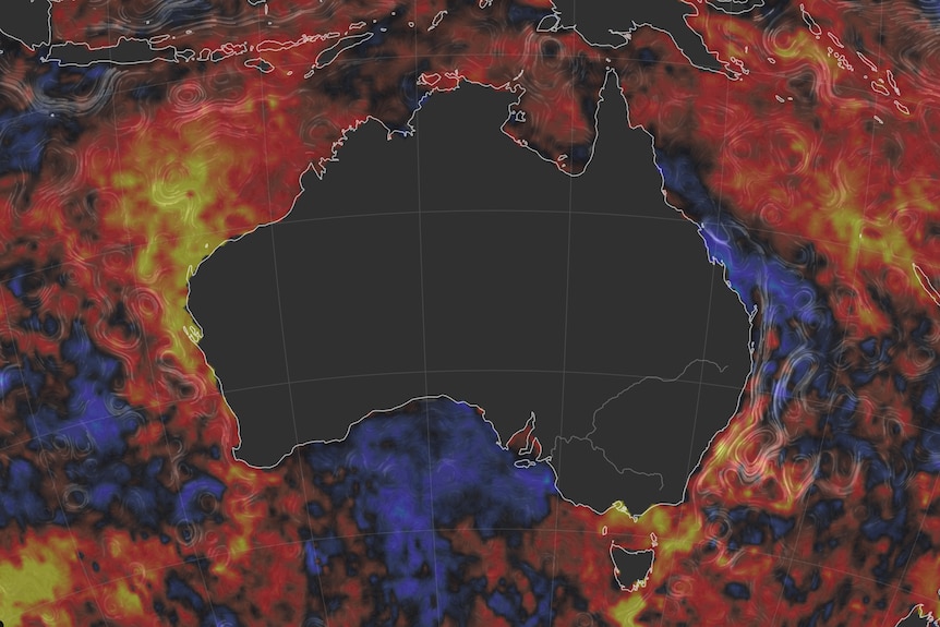 A heat map of Australia showing the temperature of the oceans.