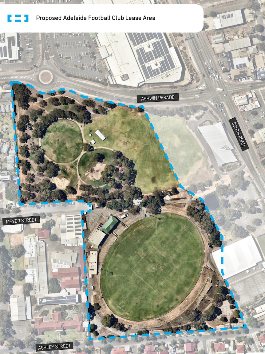 A map of an oval and park with a dashed line around it