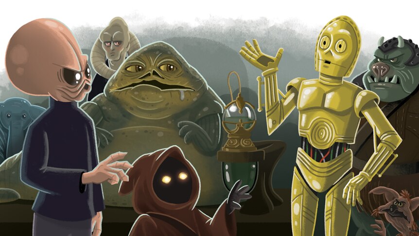 An illustration of Star Wars characters Jabba the Hutt and C3PO alongside other assorted alien characters.