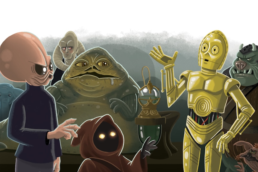 An illustration of Star Wars characters Jabba the Hutt and C3PO alongside other assorted alien characters.