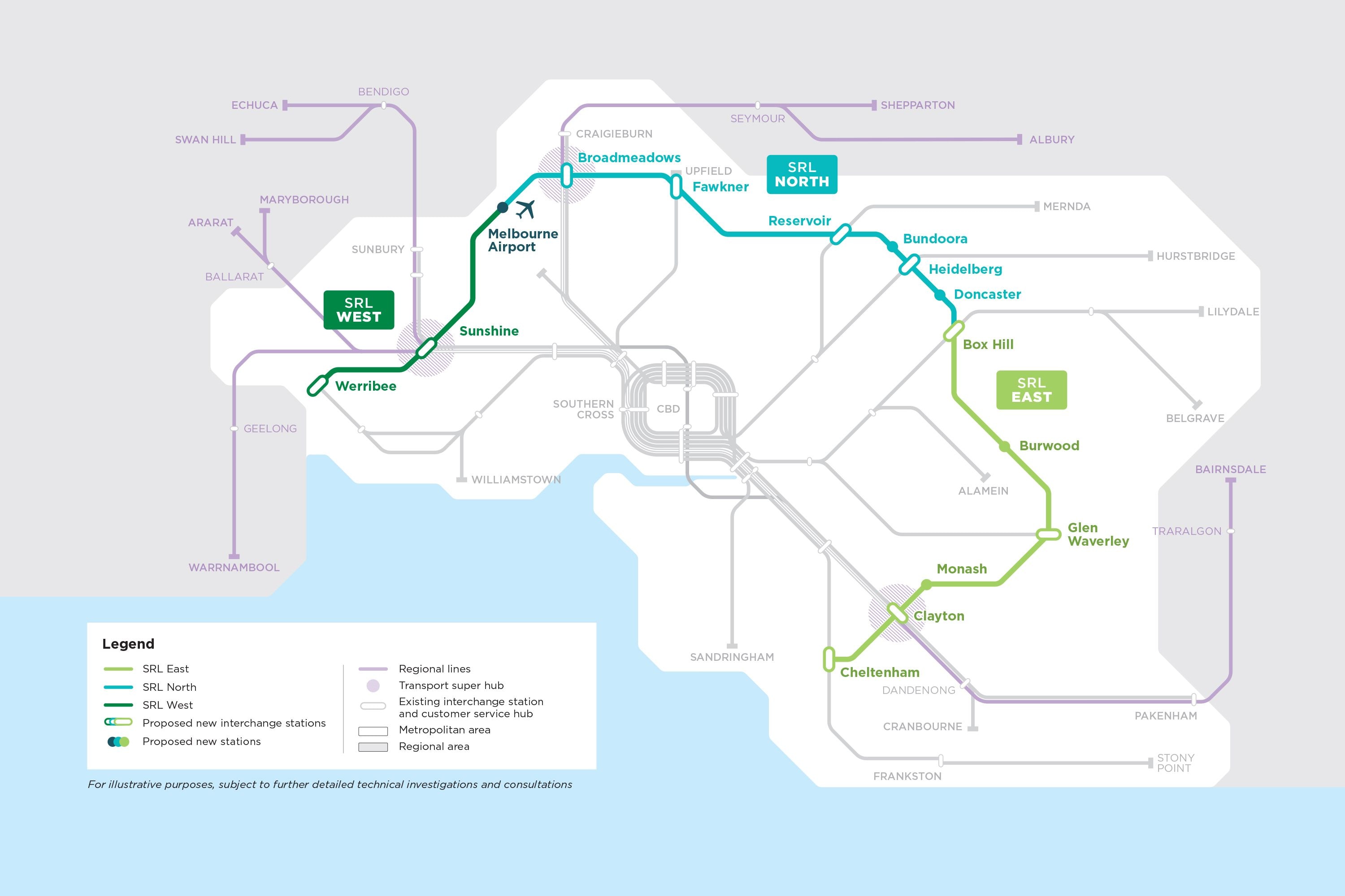 Um mapa mostrando um circuito ferroviário proposto para os subúrbios de Melbourne