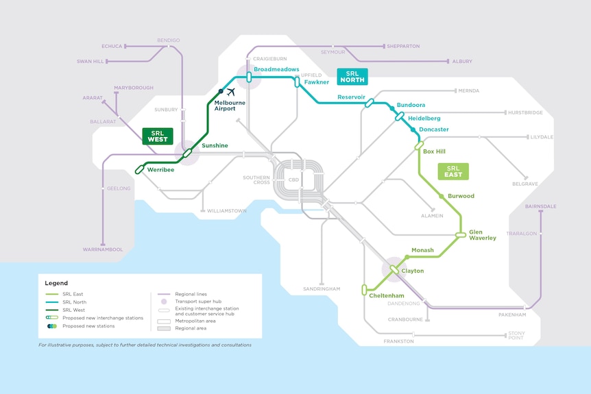 A map showing a proposed rail loop for outer Melbourne suburbs