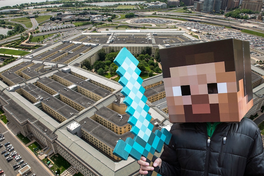 A child in a pixellated Minecraft charcter head and sword, superimposed over an aerial view of the Pentagon