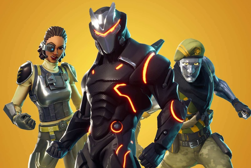 Three video game characters from Fortnite stand in front of a yellow background