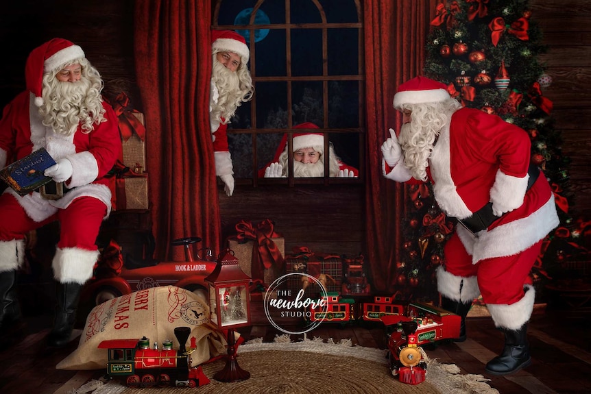 An edited photo showing a number of superimposed Santas in a house.