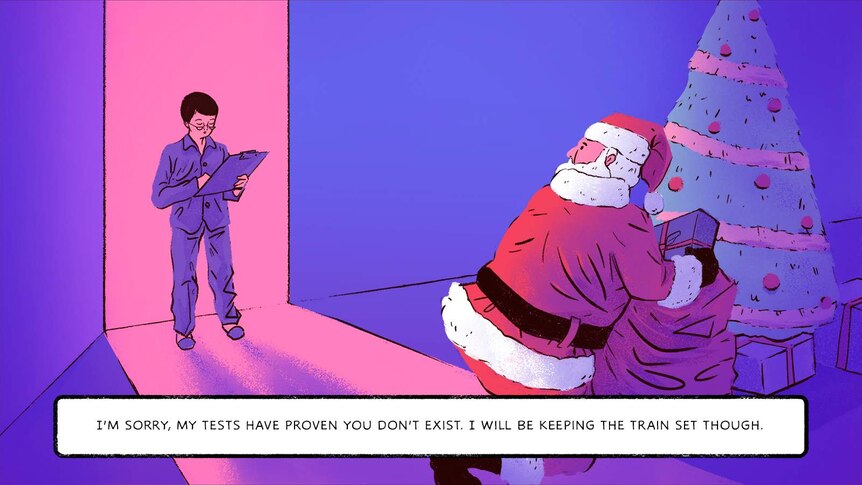 Illustration of young boy seeing Santa and saying 'My tests have proven you don't exist. I will be keeping the train set though'