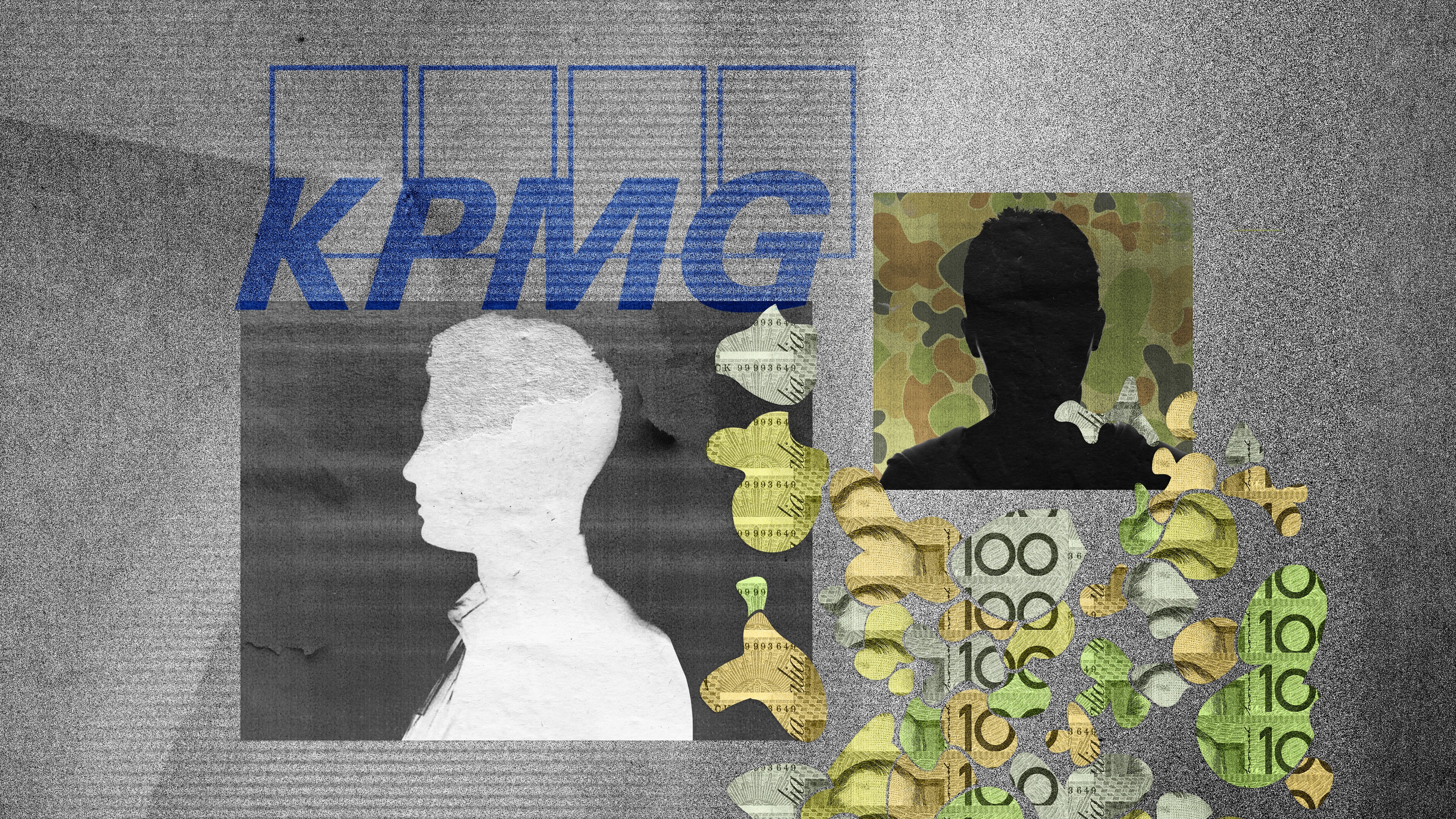 A collage of two silhouettes, the KPMG logo, and cutouts of $100 notes.