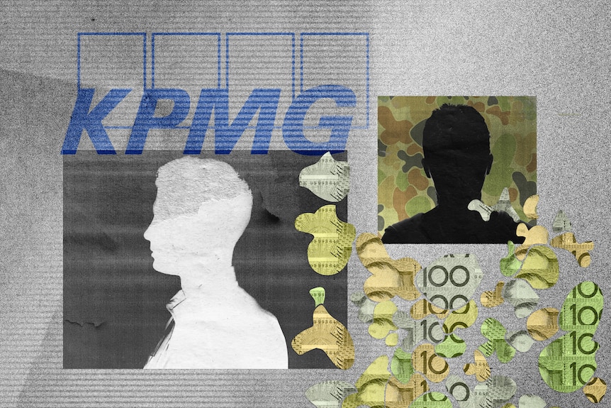 A collage of two silhouettes, the KPMG logo, and cutouts of $100 notes.