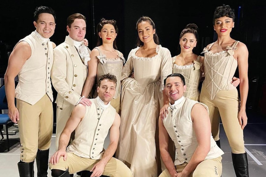 A backstage photo of some of the cast of Hamilton in Sydney