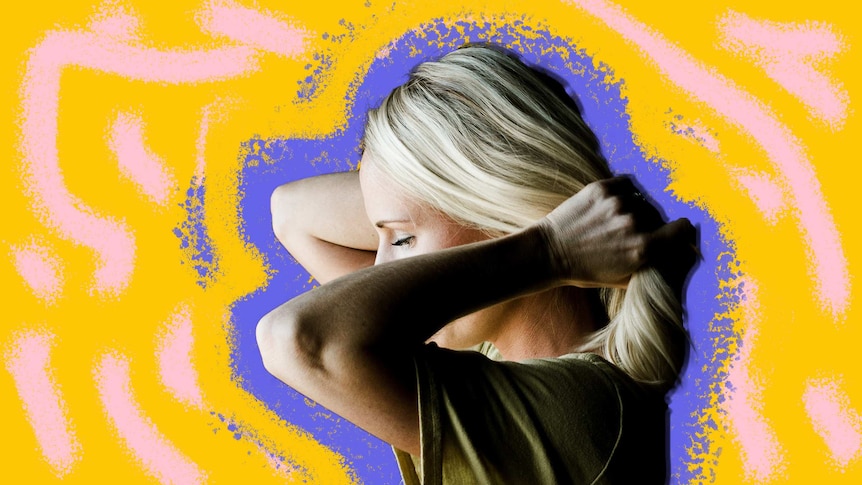 Woman holding her hair with a purple and yellow background to depict a story about painful sex.