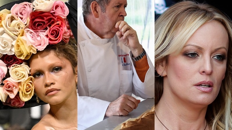 A composite image of Zendaya wearing a large flower hat, a French baker with a baguette and Stormy Daniels.