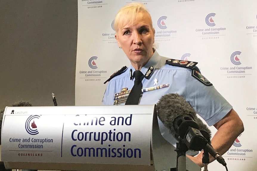 Qld Police Commissioner Katarina Carroll speaks at a media conference at a CCC podium.
