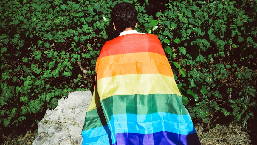 A man with a rainbow flag.
