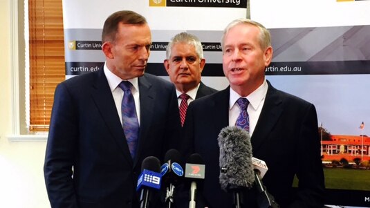 Prime Minister Tony Abbott, WA Premier Colin Barnett, and Federal Member for Hasluck Ken Wyatt in Perth for the opening of a medical training facility.
