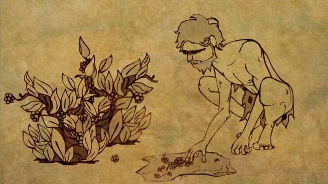 Drawing of a prehistoric man gathering berries