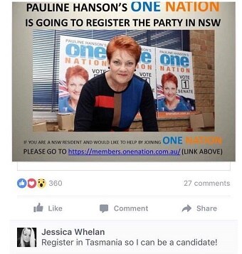 A screenshot shows a comment from Jessica Whelan account saying "Register in Tasmania so I can be a candidate!"