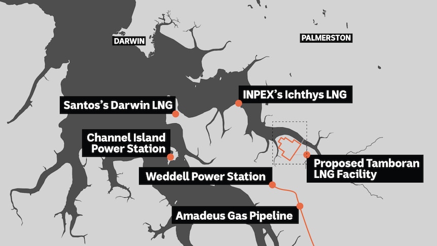 A black and grey map of middle arm with points indication the proposed Tamboran LNG facility