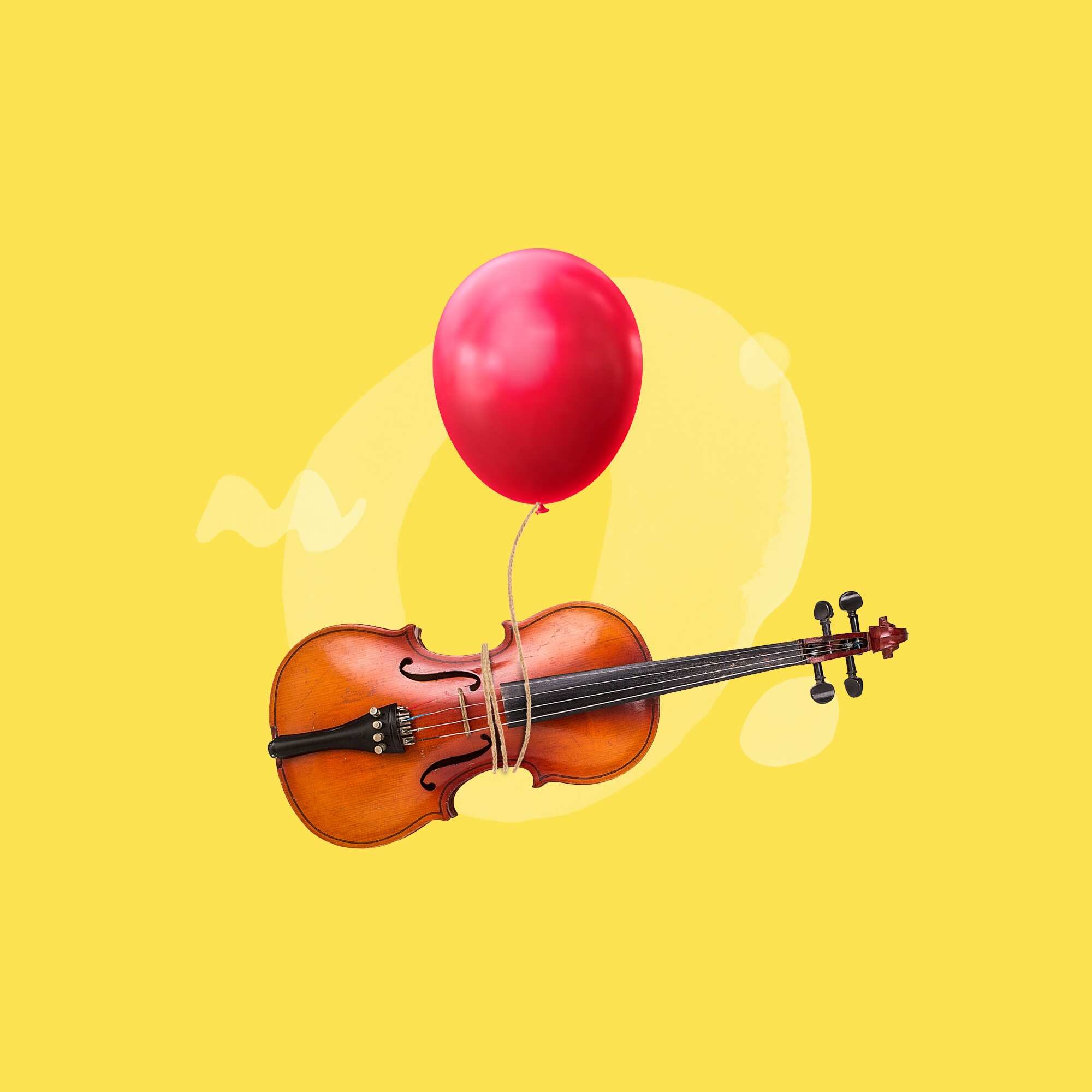A red balloon is tied around a violin lying on its side. Both float on a bright yellow background.