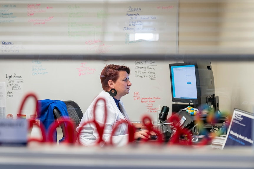 A woman at her desk.