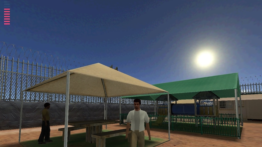 Colour screenshot inside Woomera Detention Centre from unfinished 2004 video game Escape From Woomera.