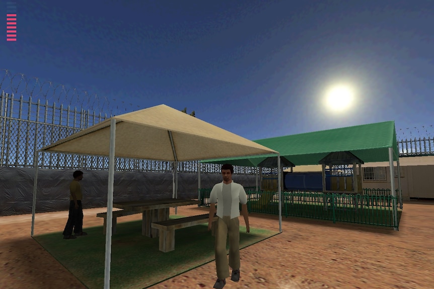 Colour screenshot inside Woomera Detention Centre from unfinished 2004 video game Escape From Woomera.