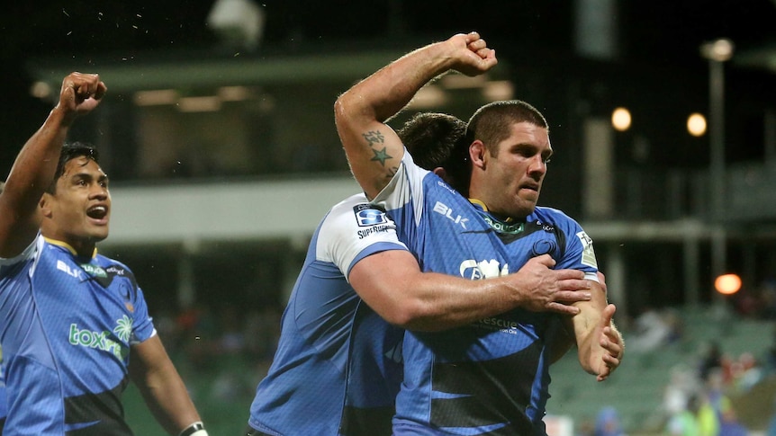 Matt Hodgson celebrates after scoring a try for Western Force against the Blues in Super Rugby.