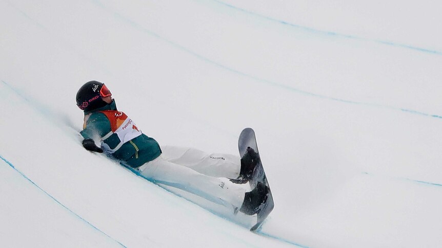 Kent Callister crashes during the men's snowboard halfpipe final at the Olympic Winter Games.