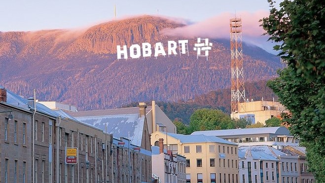 A satirical image of the Hobart City Council logo replicates sign in Hollywood Hills on the parody Facebook account.