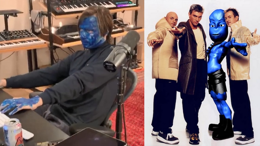 A collage of Flume working at his home studio with blue facepaint and Eiffel 65