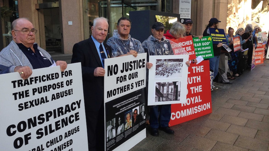 Supporters of those sexually abused outside the Royal Commission in Perth, which will hear more harrowing stories.
