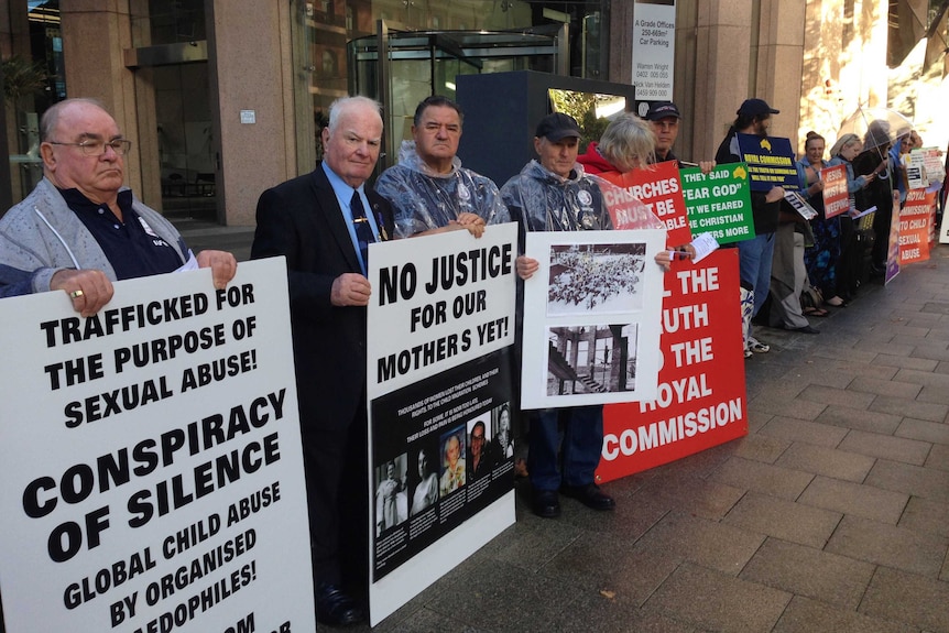 Supporters of those sexually abused outside the Royal Commission in Perth.