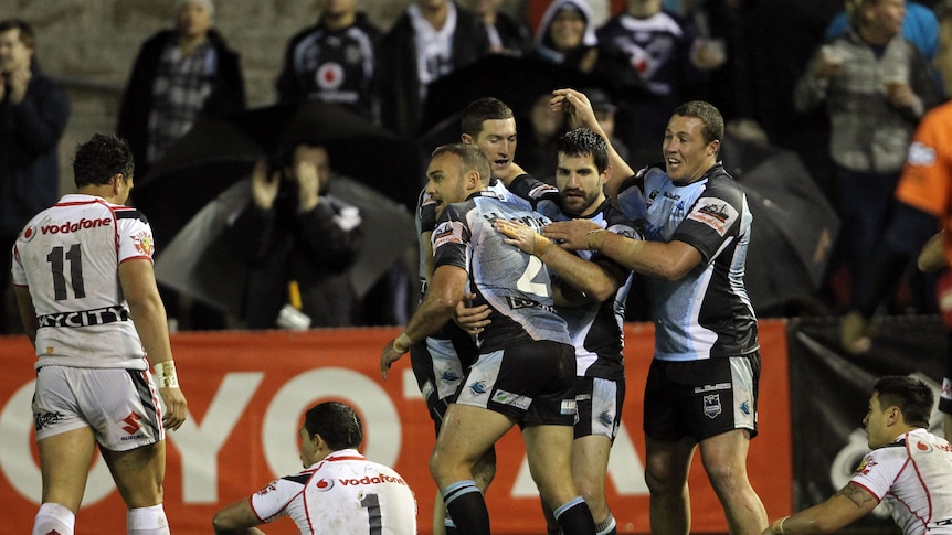 Spoiling the party ... Cronulla trailed at the break but got in front with two late tries.