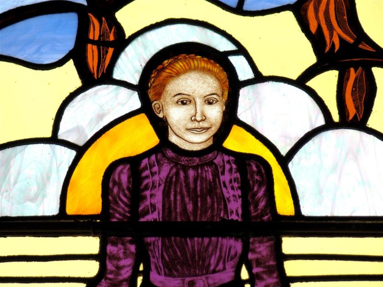 An image of Mary MacKillop in the stained glass window at All Saints in Portland, Victoria.